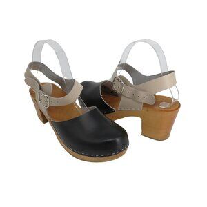 Women's Taupe & Black Leather Swedish Clogs with Wooden Platform Heel 39